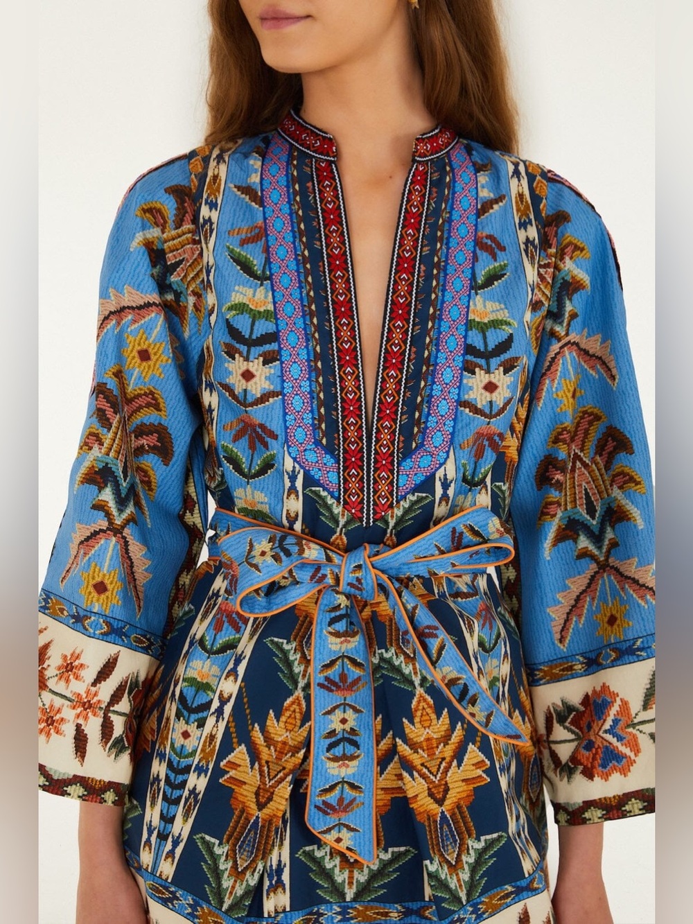 FARM Rio Embroidered Tapestry Blue Mini Dress Size L NWT